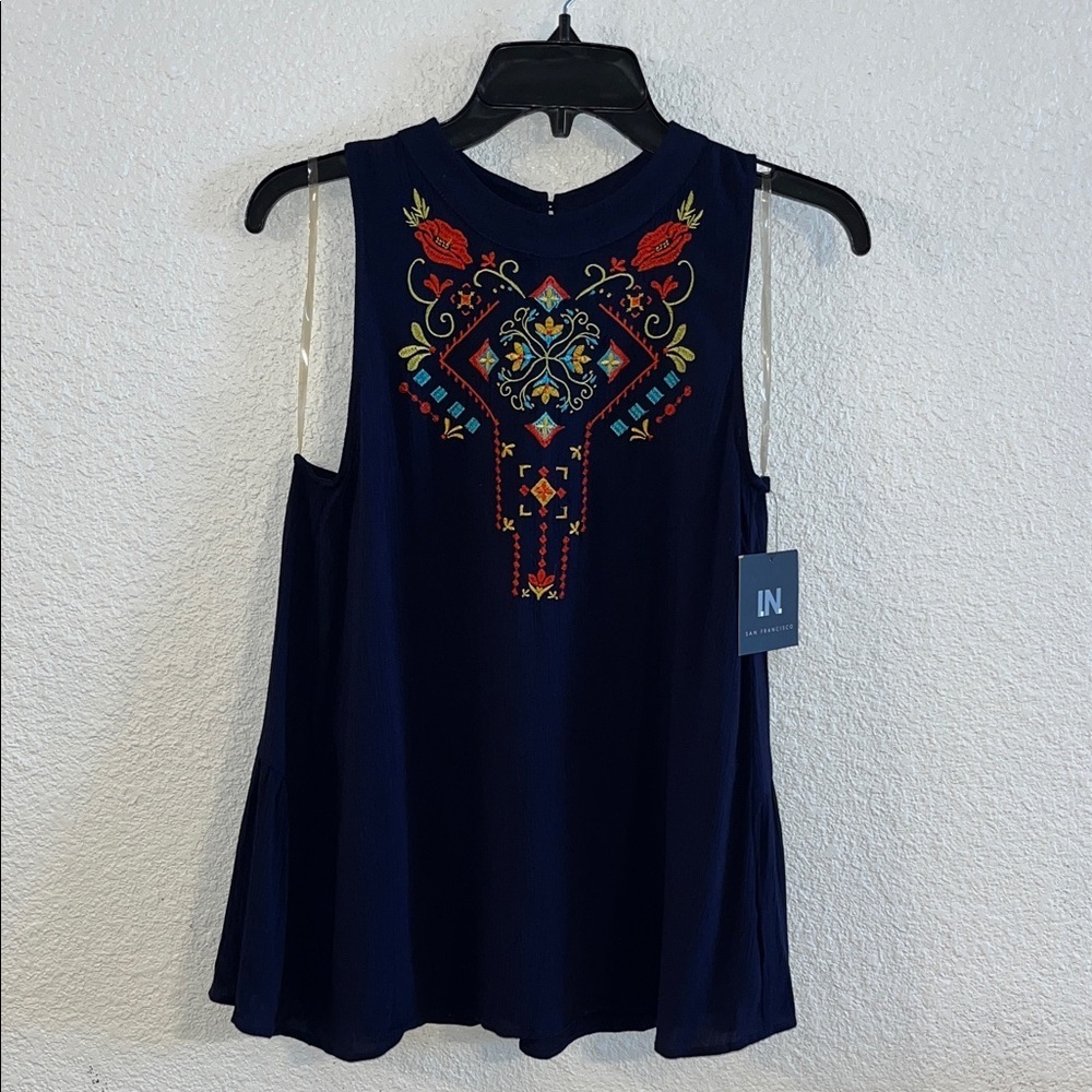 I.N. San Francisco Navy Embroidered Blouse